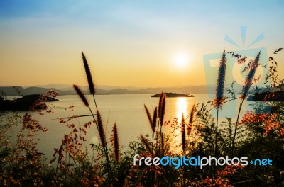 High Angle View Beautiful Lake At Sunset Stock Photo