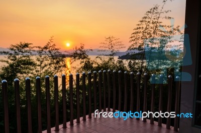 High Angle View Beautiful Lake At Sunset From Resort Stock Photo