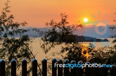 High Angle View Beautiful Lake At Sunset From Resort Stock Photo