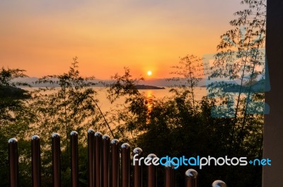 High Angle View Beautiful Lake At Sunset From Resort Stock Photo