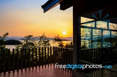 High Angle View Beautiful Lake At Sunset From Resort Stock Photo