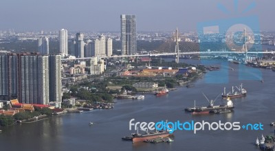 High Angle View Of 3 Large Cargo Ships Stock Photo