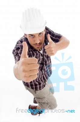 High Angle View Of Architect Showing Thumbs Up Stock Photo