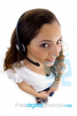 High Angle View Of Call Center Female Stock Photo