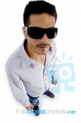 High Angle View Of Handsome Man Wearing Sunglasses Stock Photo