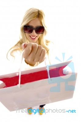 High Angle View Of Happy Woman With Shopping Bags Stock Photo