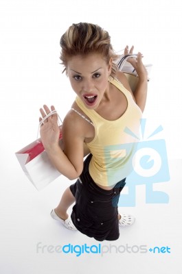 High Angle View Of Sexy Woman With Shopping Bag Stock Photo