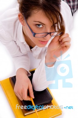 High Angle View Of Student Looking At Camera Stock Photo