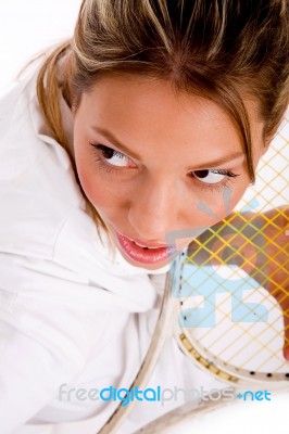 High Angle View Of Tennis Player Holding Racket Stock Photo