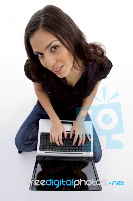 High Angle View Of Young Woman With Laptop Stock Photo