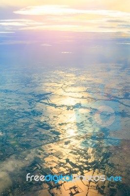 High Angle View Sunset On The Air Plane Stock Photo