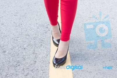 High Heels Girl Walking On Street Stock Photo