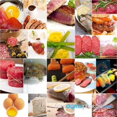 High Protein Food Collection Collage Stock Photo