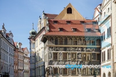 Highly Decorated Apartment Block In Prague Stock Photo