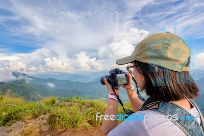 Hiker Teens Girl Taking Picture Stock Photo