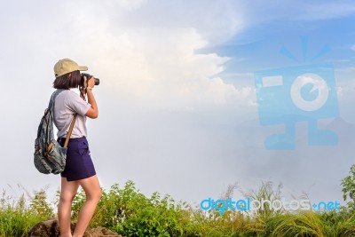 Hiker Teens Girl Taking Picture Stock Photo