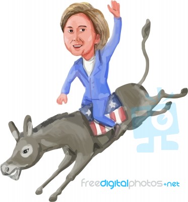 Hillary Clinton Riding Democrat Donkey Caricature Stock Image