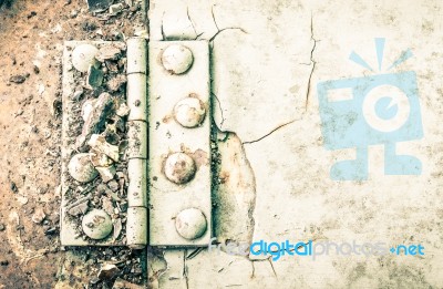 Hinge And Rust And Rivet On Metal Sheet In High Contrast Style Stock Photo