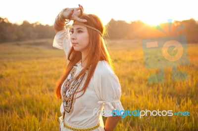 Hippie Woman Posing Stock Photo