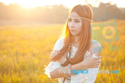 Hippie Woman Posing Stock Photo