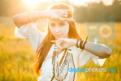 Hippie Woman Posing Stock Photo