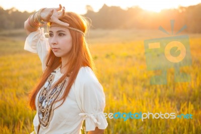 Hippie Woman Posing Stock Photo