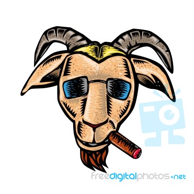 Hipster Goat Cigar Sunglasses Woodcut Stock Image