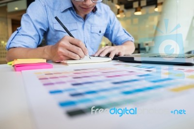 Hipster Modern Graphic Designer Drawing Working Home Using Lapto… Stock Photo