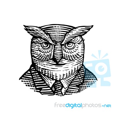 Hipster Owl Suit Woodcut Stock Image