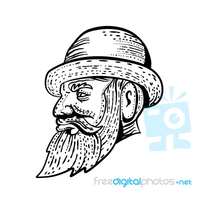 Hipster Wearing Bowler Hat Etching Black And White Stock Image