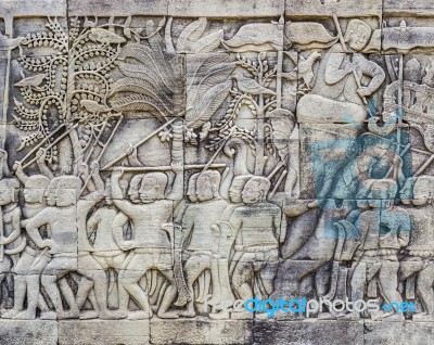 Historic Khmer Bas-relief Showing Hindu Legend Scenes At Bayon T… Stock Photo