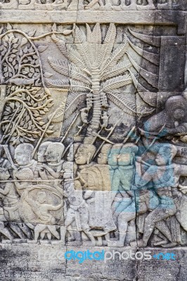 Historic Khmer Bas-relief Showing Hindu Legend Scenes At Bayon T… Stock Photo