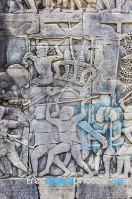 Historic Khmer Bas-relief Showing Hindu Legend Scenes At Bayon T… Stock Photo