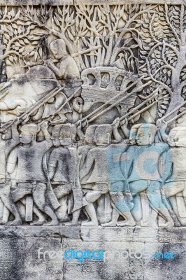 Historic Khmer Bas-relief Showing Hindu Legend Scenes At Bayon T… Stock Photo