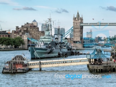 Hms Belfast Anchored Near Tower Bridge In London Stock Photo