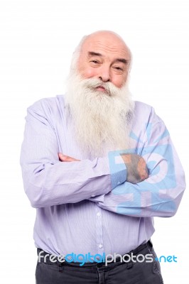 Hoary Old Man With Crossed Arms Over White Stock Photo