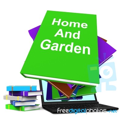 Home And Garden Book Stack Laptop Shows Books On Household Garde… Stock Image