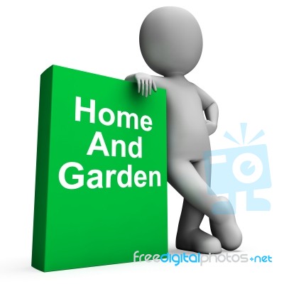 Home And Garden Book With Character Shows Household And Gardenin… Stock Image