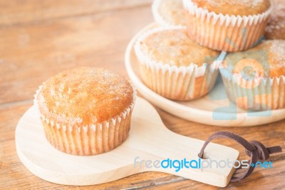 Homemade Banana Muffins On Wooden Plate Stock Photo