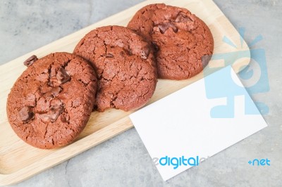 Homemade Chocolate Cookies With Blank Name Card Stock Photo