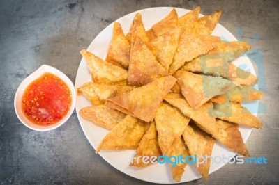 Homemade Fried Dumplings Serving On The Plate Stock Photo