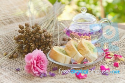 Homemade Garlic Bread And Tea Pot,afternoon Tea Break Stock Photo