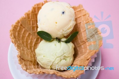 Homemade Ice Cream Scoops In Waffle Bowl Stock Photo