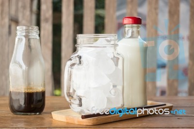 Homemade Iced Coffee Ingredient On Wooden Table Stock Photo