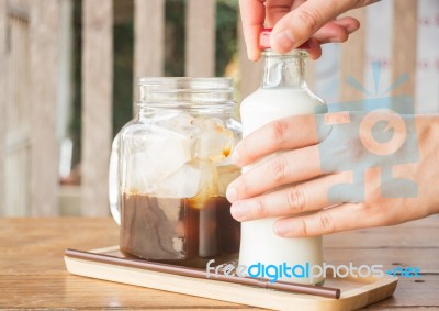 Homemade Iced Coffee Ingredient On Wooden Table Stock Photo