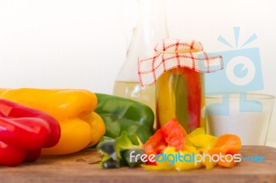 Homemade Preparation Of Pickled Organic Healthy Peppers Stock Photo