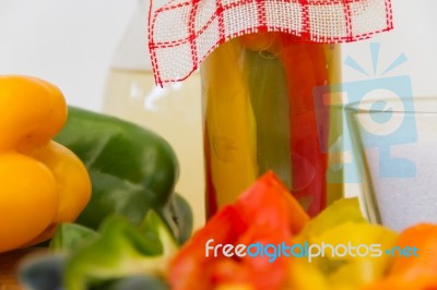 Homemade Preparation Of Pickled Organic Healthy Peppers Stock Photo