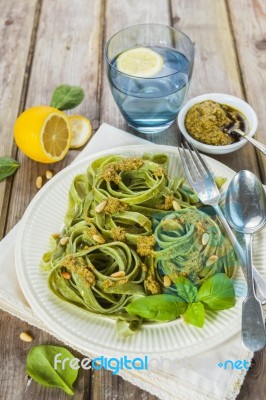 Homemade Spinach Pasta With Pesto Stock Photo