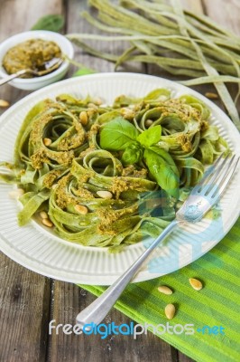 Homemade Spinach Pasta With Pesto Stock Photo