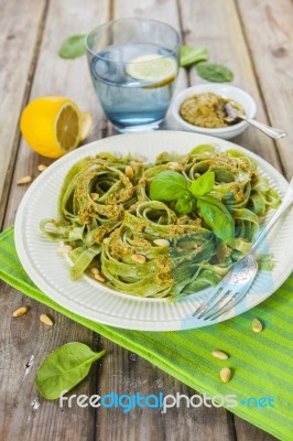 Homemade Spinach Pasta With Pesto Stock Photo